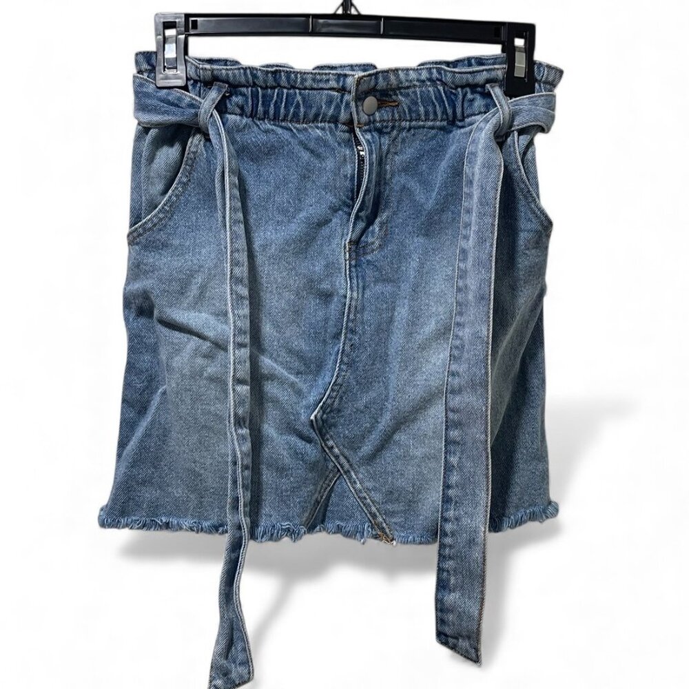 Chelsea & Violet Girls Denim Mini Skirt With Frayed Hem Elastic Waist & Tie Belt